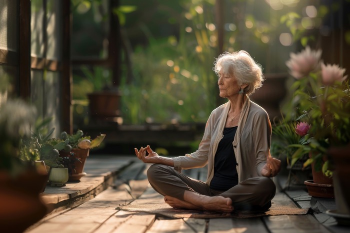 Femme pratiquant un exercice de relaxation illustrant les bienfaits de l'hypnose et de la sophrologie contre la surcharge mentale.