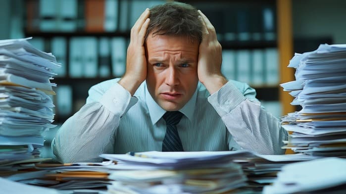 Homme submergé par une surcharge mentale et le stress au travail devant une pile de dossiers